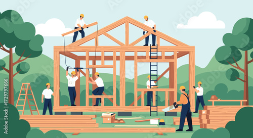 A group of construction workers are building a wooden house frame in a forest setting.