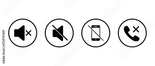 Mute speaker, no mobile phone, and call cancel icon. Silence, do not disturb, and telephone disable symbol in circular outline