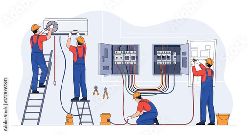 Experienced electricians carefully wiring a complex electrical system in a building.