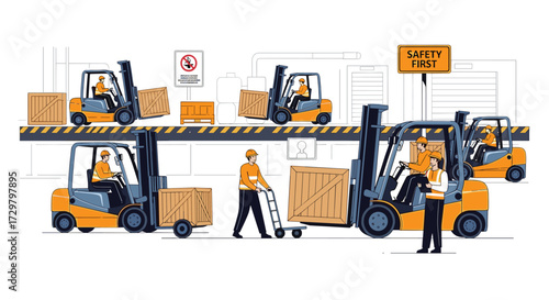 Forklifts and workers engaged in warehouse logistics and material handling operations.
