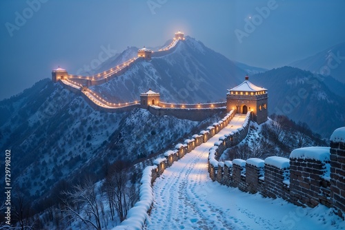 The Great Wall of China covered in snow at night, illuminated by lights