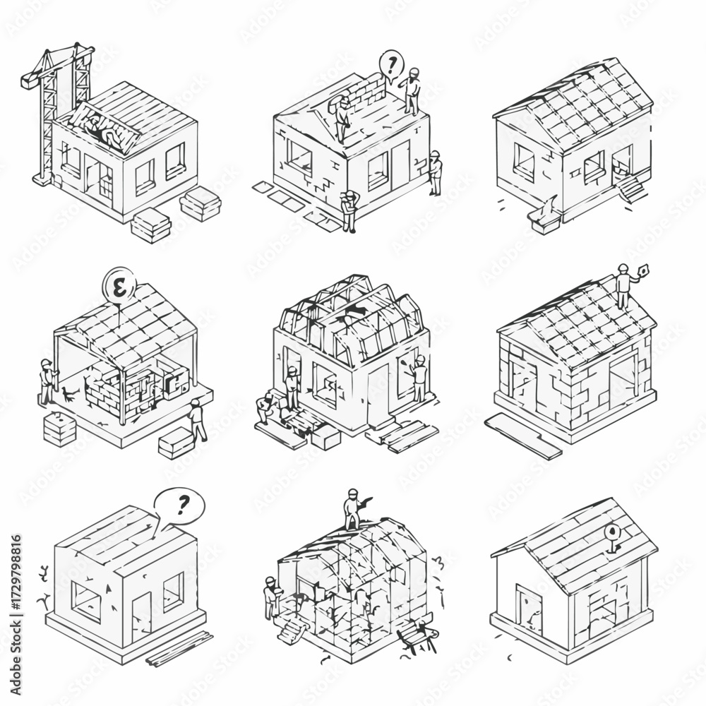 Fototapeta premium An illustrative grid showcases various stages of house construction, renovation, and conceptual planning, highlighting the complex process of home development.