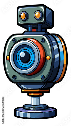 Cartoonish futuristic robot with large camera lens, boxy head, and cylindrical body