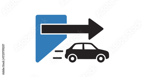 Flat vector icon of a black car moving right with a large arrow indicating direction and departure from a blue shape.