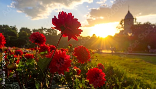 Fototapeta Naklejka Na Ścianę i Meble -  Vibrant red dahlias bloom in a park at sunset