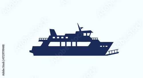 Flat Design Navy Blue Ferry Boat Silhouette with Visible Windows and Front Ramp