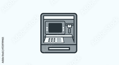 Simple grey ATM machine icon with bold black outlines, screen, keypad, and card slot.