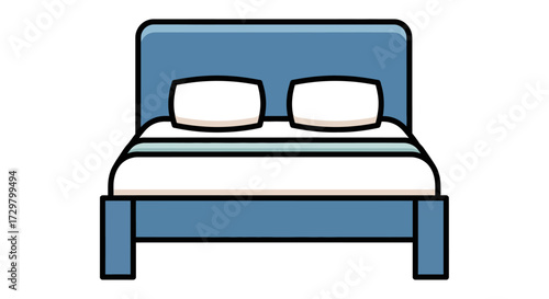 Stylized cartoon illustration of a blue double bed with white pillows and a headboard, front view.
