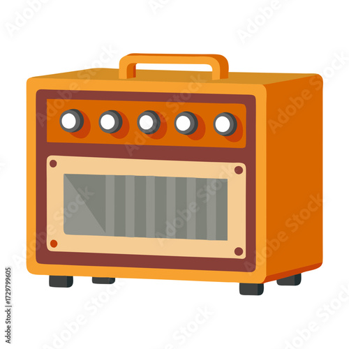 Illustration of a vintage orange amplifier with four knobs on top