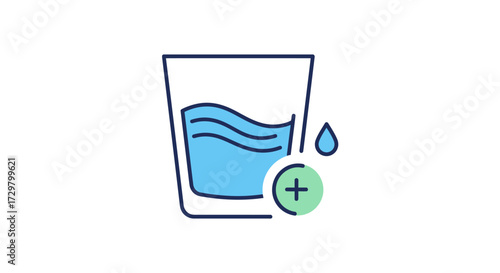 Colorful line art icon of a glass of water with a green plus sign, symbolizing hydration.