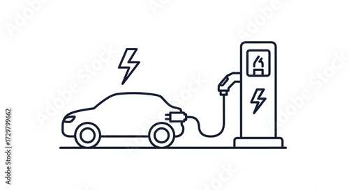 Simple black line art icon of an electric car refueling at a charging station with a lightning bolt symbol.