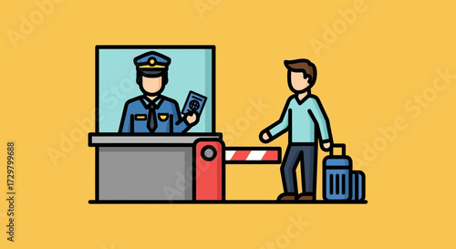Flat line icon of a traveler at a passport control checkpoint with an immigration officer checking documents.