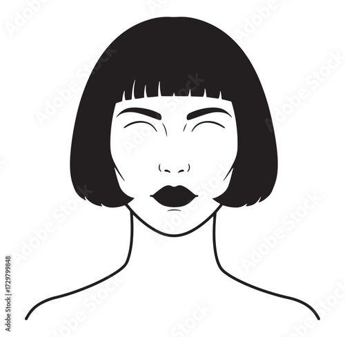 Elegant illustration of a woman with bob hairstyle minimalist facial features and dark lips