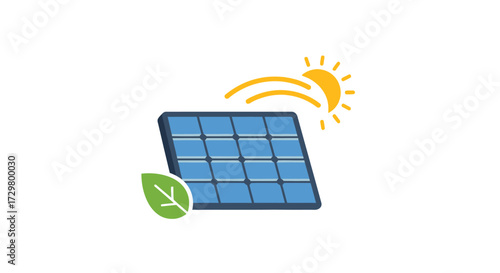 Vibrant blue solar panel icon with yellow sun and green leaf, representing clean energy