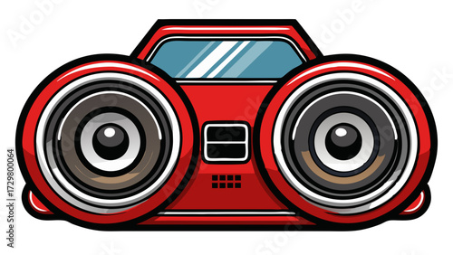 Cartoon red boombox with large circular speakers and blue display window
