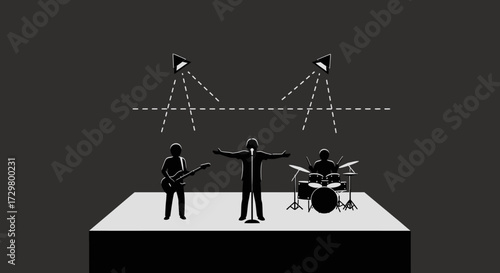Monochromatic band silhouettes performing live: guitarist, vocalist with outstretched arms, drummer on stage.