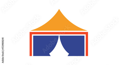 Stylized event tent graphic with pointed orange roof, bold red frame, and blue draped curtains.