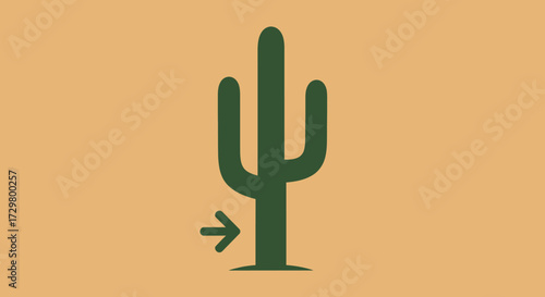 Minimalist dark green saguaro cactus icon with a small directional arrow pointing at its trunk.