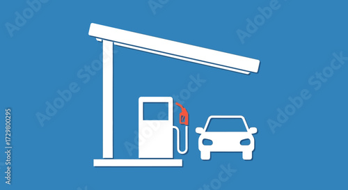 Minimalist white icon of a car at a gas station pump with a red nozzle, a flat design illustration.
