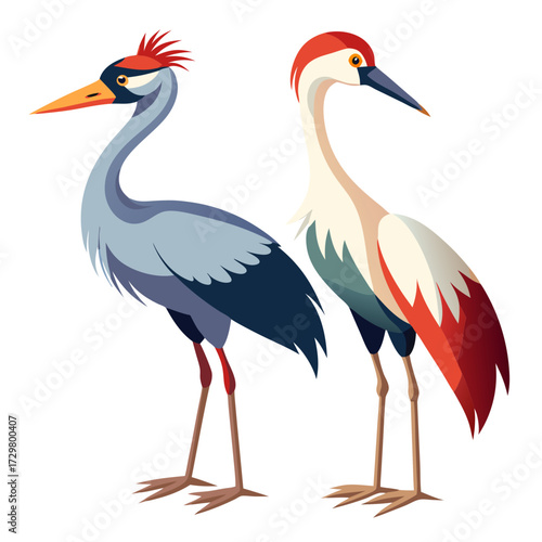Two elegant stylized cranes stand side by side in a digital art style