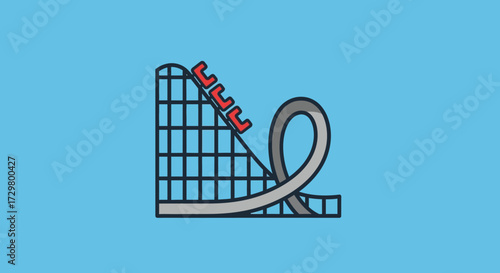 Simple cartoon roller coaster icon with red cars climbing a steep hill before a large loop.