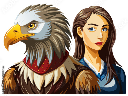 Woman and eagle, a symbol of strength and freedom together in harmony