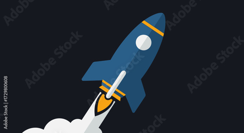 Blue Rocket Ship with Orange and White Details, Ascending Upwards