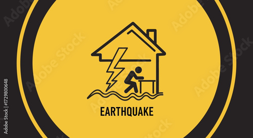 Stylized Icon Depicting an Earthquake Affecting a House and Person