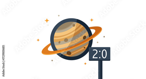 Cartoon Saturn with Rings and Scoreboard Displaying 2:0 Result