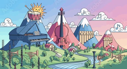 Cartoon Musical Landscape Featuring Piano, Violin, and Other Instruments