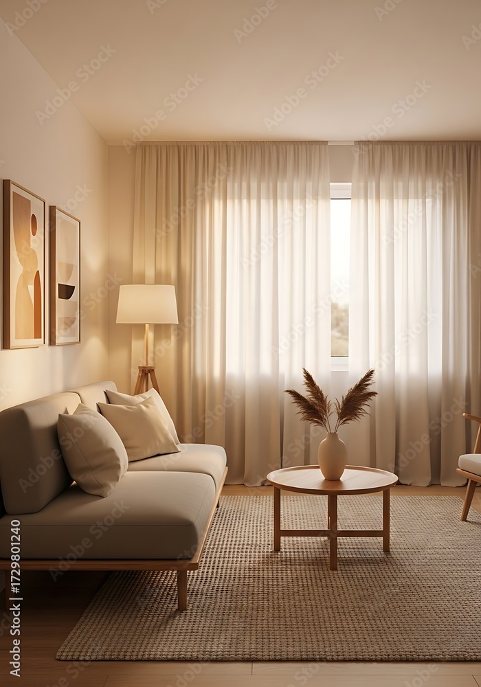 Fototapeta premium Serene interior design, modern apartment with neutral colors and soft light
