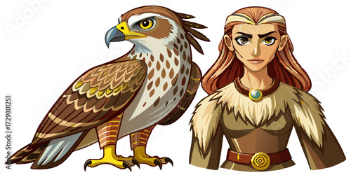 Artistic depiction of a woman and a falcon with intricate details