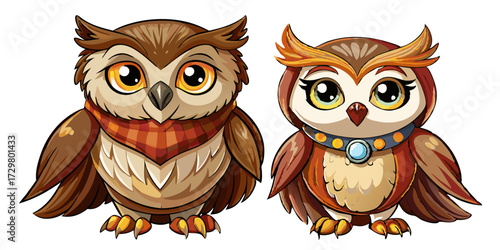 Two Cartoon Owls Standing Side by Side with Different Accessories