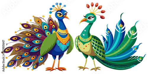 Two Beautiful Decorative Peacock Birds with Intricate Details and Colorful Plumage