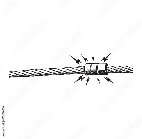 Illustration depicting a metal cable being damaged by an electrical surge with lightning symbols