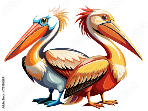 Two stylized pelicans standing side by side with colorful plumage on white background