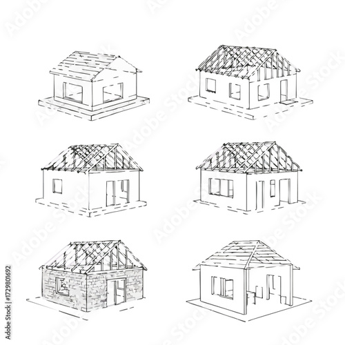 A collection of hand-drawn architectural sketches illustrating various stages of simple house construction and structural designs on a white background.