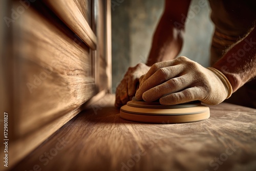 Close-up of Carpenters Hands Sanding Wood Surface with Circular Sander, Warm Light.