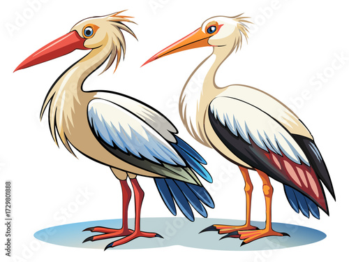 Two cartoon storks standing on a white background with blue shading