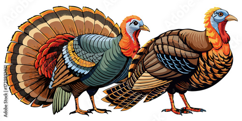 Two colorful cartoon turkeys standing side by side on a white background