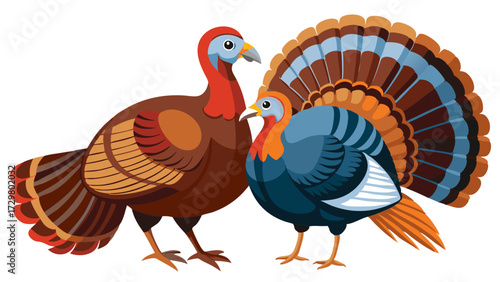 Two charming cartoon turkeys standing side by side in a vector image