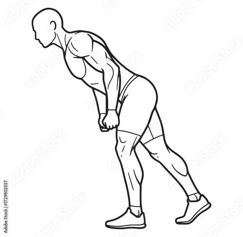 Illustration of a muscular man performing a bent-over exercise targeting the back and legs