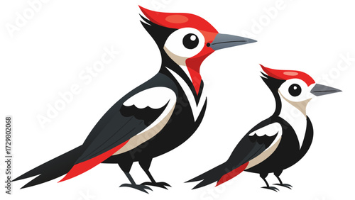 Cartoon Woodpeckers Standing Isolated on White Background, Detailed and Colorful Illustration
