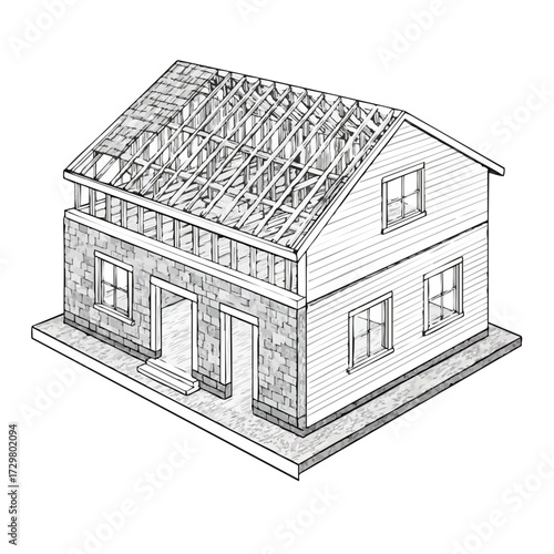 This detailed isometric black and white illustration depicts a two-story residential house under construction, highlighting its structural elements and building phases.