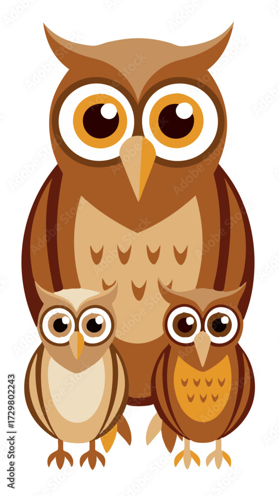 Fototapeta premium Cartoon Owl Family Illustration in Brown, Tan and Beige Tones on White