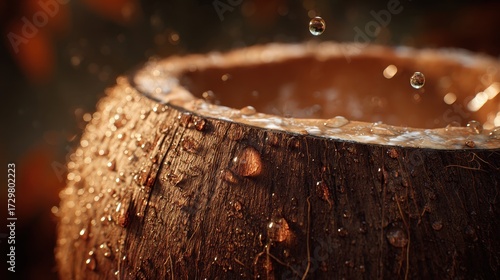 Close-up of Fresh Coconut with Water Droplets, Refreshing Tropical Drink.
