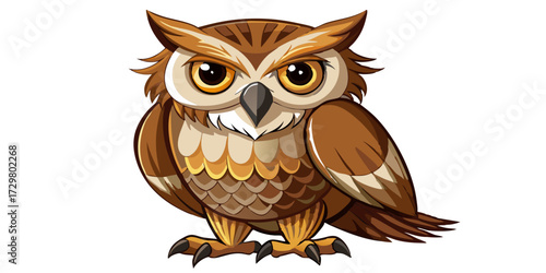 Cartoon illustration of a majestic owl with captivating golden eyes staring forward