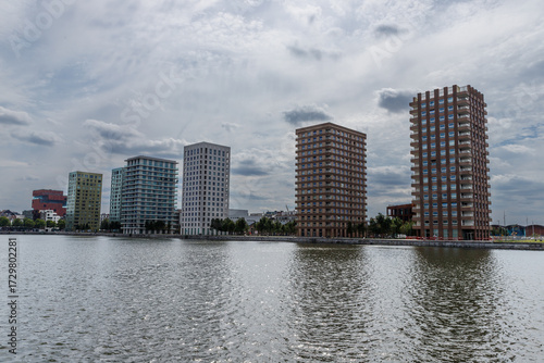 Modern waterfront apartment blocks in Antwerp