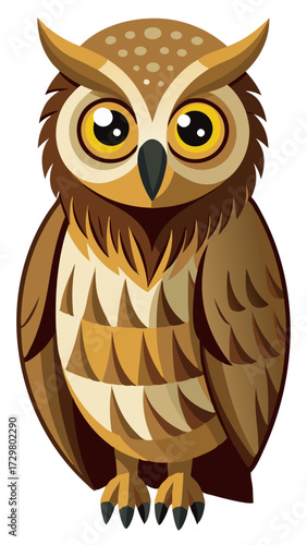 Stylized brown owl with yellow eyes and patterned plumage illustration