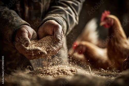 Close-up of Farmers Hands Feeding Chickens with Grain in Rustic Barn.
